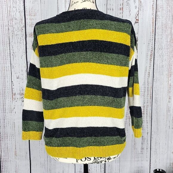 Express Black Green Yellow & White Striped Small Soft Knit Cozy V-Neck Sweater - Picture 4 of 8
